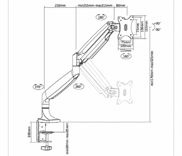 Single Monitor Pole Mounted Gas Spring Arm SKILL TECH SH 100 C012 13 to 32 Inch 9KG Monitor Deskmount - Zoom Image 2