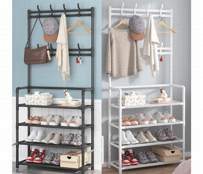 Metal Shoes Rack Stand 5 Layer with Clothes Hanger White - Zoom Image