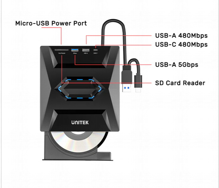 Unitek 5 in 1 External Optical CD And DVD Drive with USB Hub - Zoom Image 4