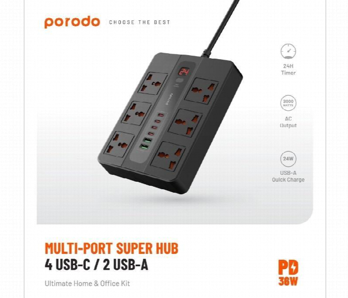 Porodo 6 Ac 2 Usb A 24W And 4 Usb C Pd 36W Multi Port Super Hub 2M 3000W Uk . Black - Zoom Image 1