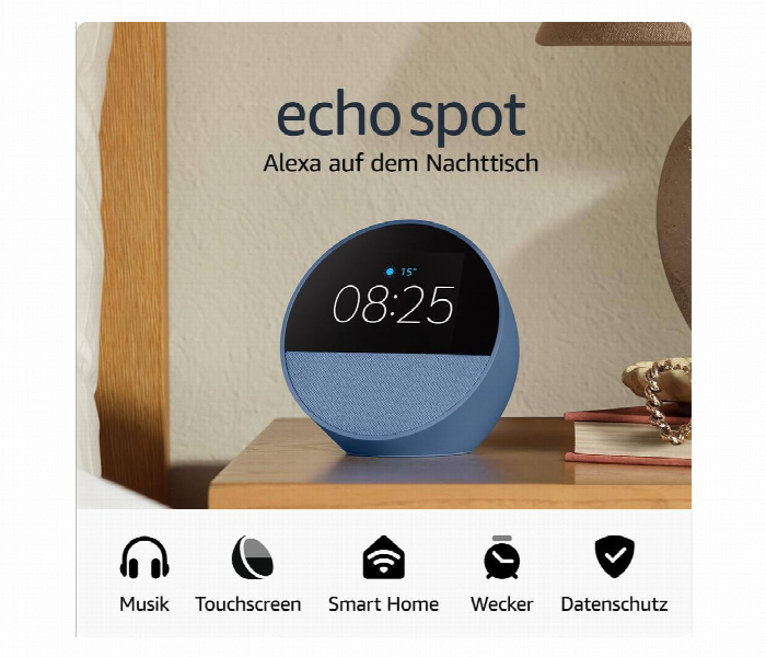 Amazon Echo Spot 2024 . Smart Alarm Clock . Vibrant Sound With Alexa . Ocean Blue - Zoom Image 2