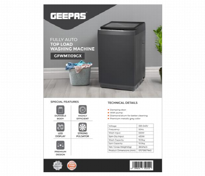 Geepas 10Kg Fully Automatic Top Load Washing Machine Gfwm1109Gx - Zoom Image 1