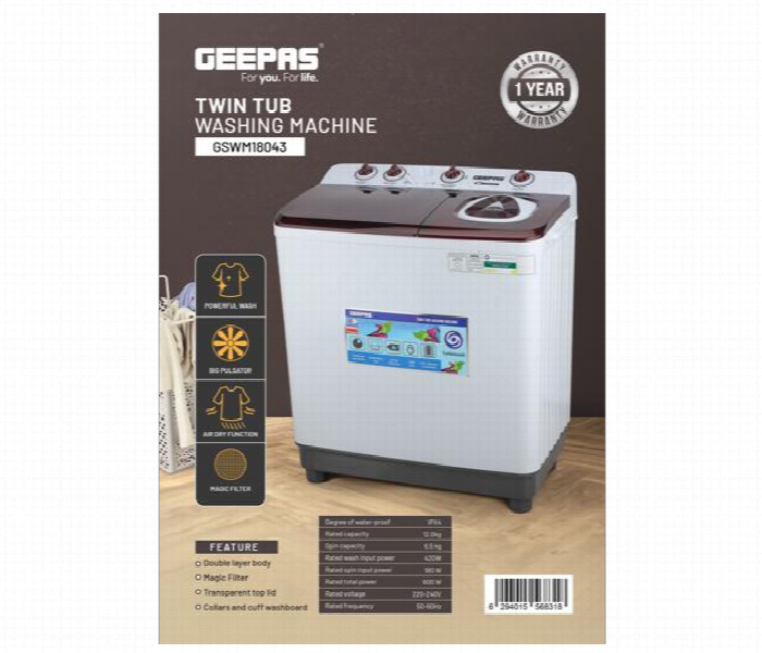 Geepas 12.0 Kg Twin Tub Semi Automatic Washing Machine Gswm18043 - Zoom Image 1