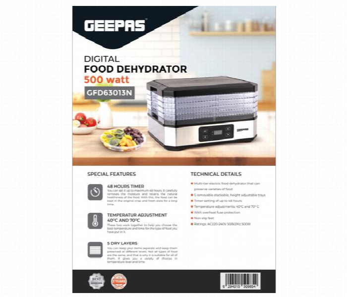 Geepas Gfd63013 Digital Food Dehydrator   5 Dry Layers Removable And Stackable - Zoom Image 2