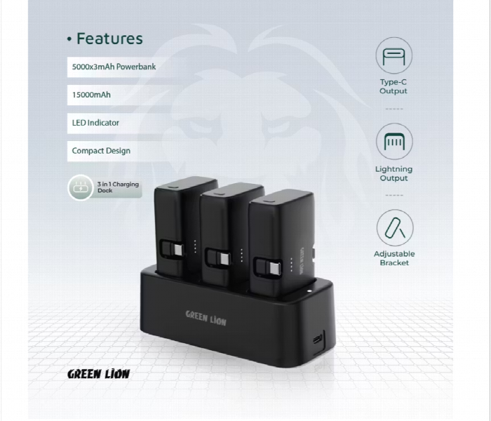 Green Lion 3 In 1 Power Bank Station15000Mah Black - Zoom Image 4