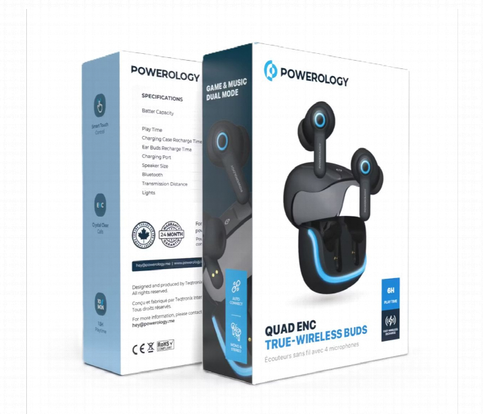Powerology Quad Mic Enc True Wireless Earbuds Black - Zoom Image 6