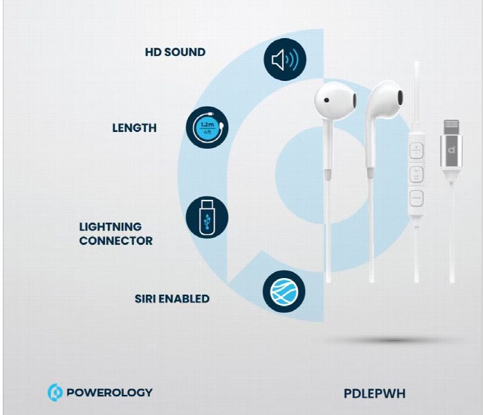 Powerology Stereo Earphone Lightning Connector 1.2M Or 4Ft White - Zoom Image 3