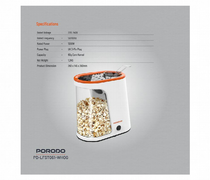 Porodo Lifestyle Air Popped Popcorn Maker . White - Zoom Image 2
