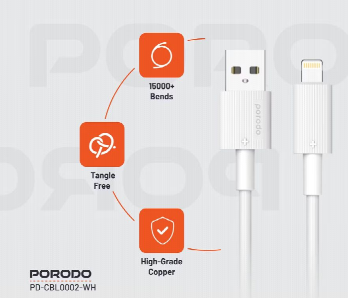 Porodo Usb A To Lightning Durable Charging Cable White - Zoom Image 3
