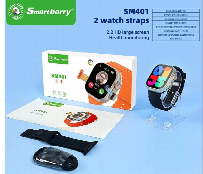 Smartbarry Sm401 Smart Watch 4G Sim Card Camera With 2 Two Straps - Zoom Image 2