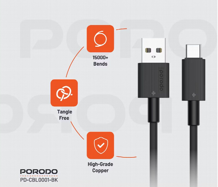 Porodo Usb A To Type C Durable Charging Cable Black - Zoom Image 3