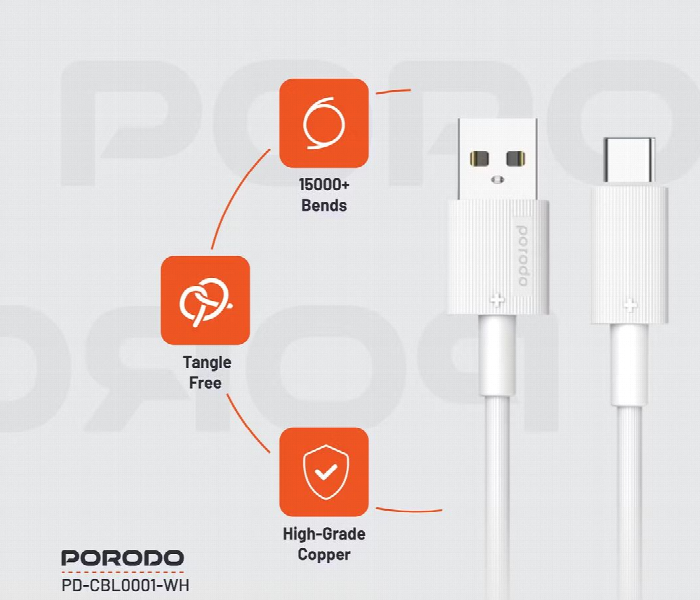 Porodo Usb A To Type C Durable Charging Cable  White - Zoom Image 3
