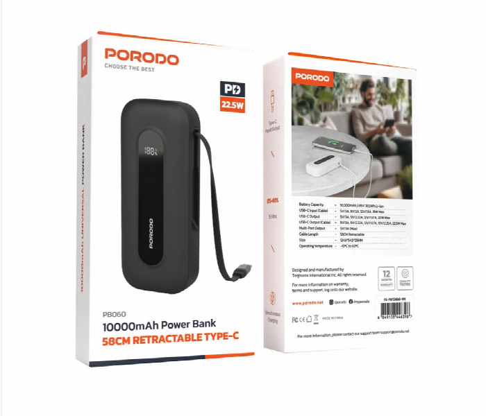 Porodo 10000Mah Power Bank 58Cm Retractable Type C Cable  Black - Zoom Image 2