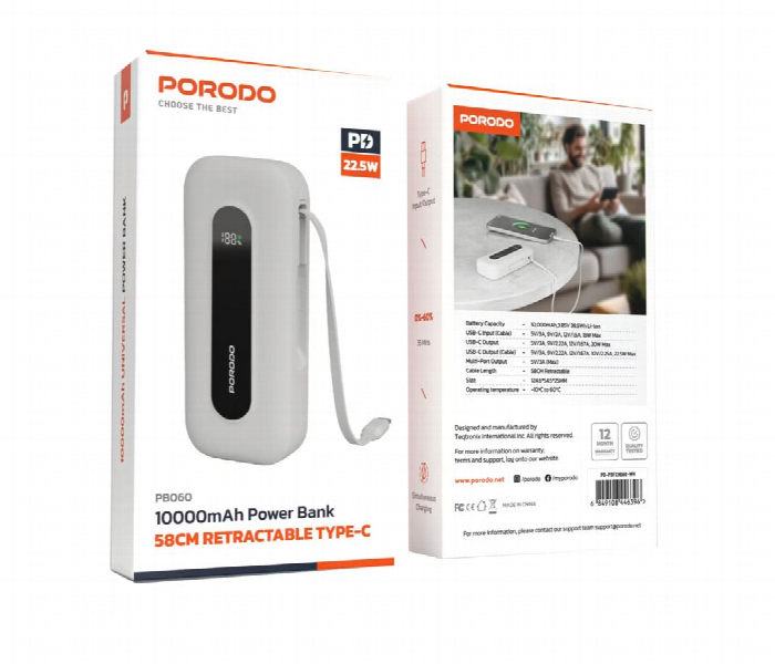Porodo 10000Mah Power Bank 58Cm Retractable Type C Cable White - Zoom Image 2