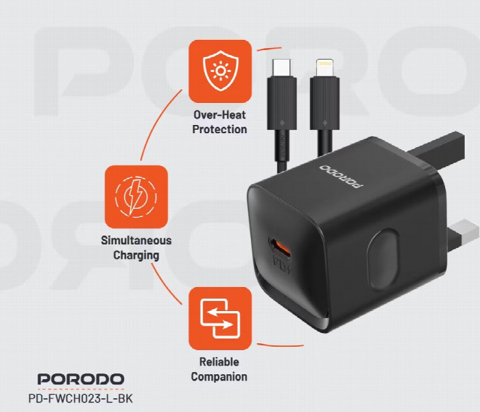 Porodo Usb C Power Delivery Wall Charger With Lightning Cable  Black - Zoom Image 2