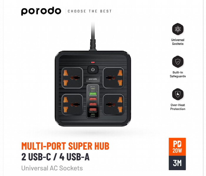 Porodo Multi Port Universal Ac Sockets 3M - Zoom Image 3