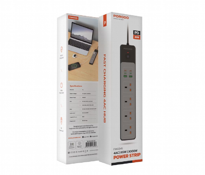 Porodo 4 Ac Power Socket Black - Zoom Image 3