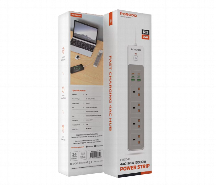 Porodo 4 Ac Power Socket  White - Zoom Image 3