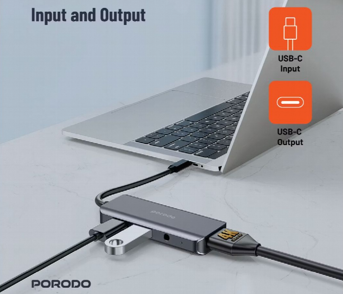 Porodo 4In1 Usb C Hub Type C Pd 100W Hdmi Usb 3.5Mm Aux Grey - Zoom Image 3