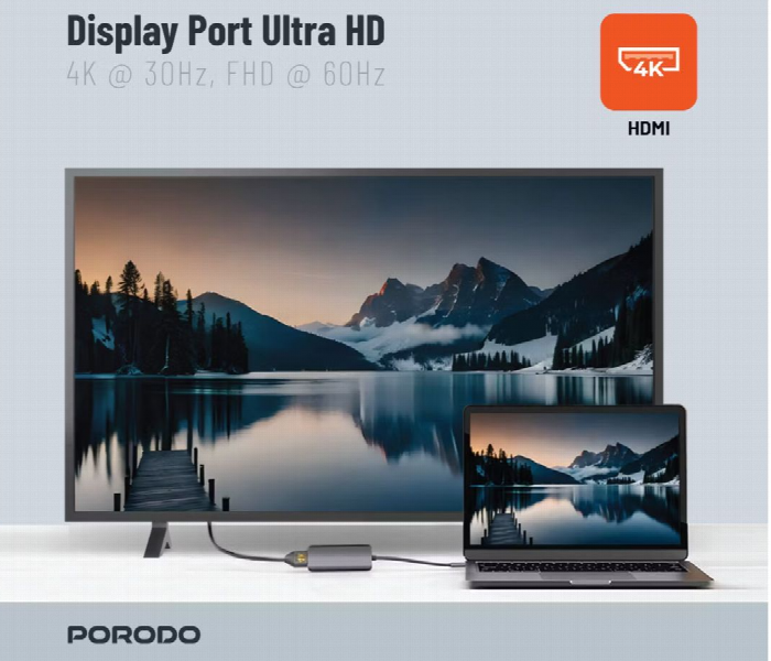 Porodo 4In1 Usb C Hub Type C Pd 100W Hdmi Usb 3.5Mm Aux Grey - Zoom Image 4