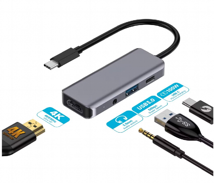 Porodo 4In1 Usb C Hub Type C Pd 100W Hdmi Usb 3.5Mm Aux Grey - Zoom Image 2