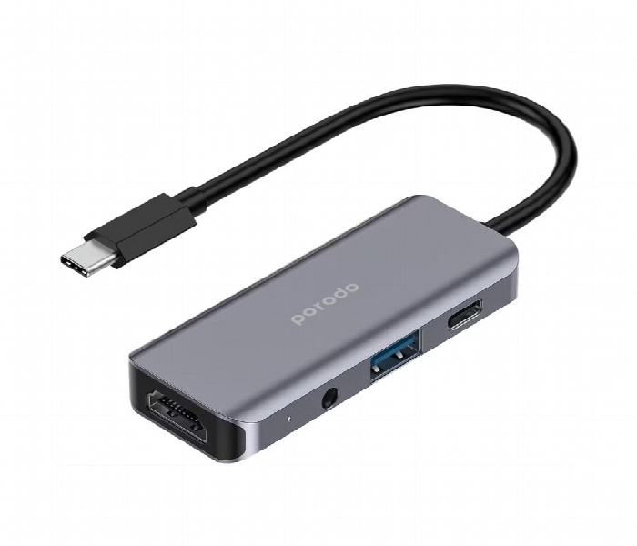 Porodo 4In1 Usb C Hub Type C Pd 100W Hdmi Usb 3.5Mm Aux Grey - Zoom Image 1