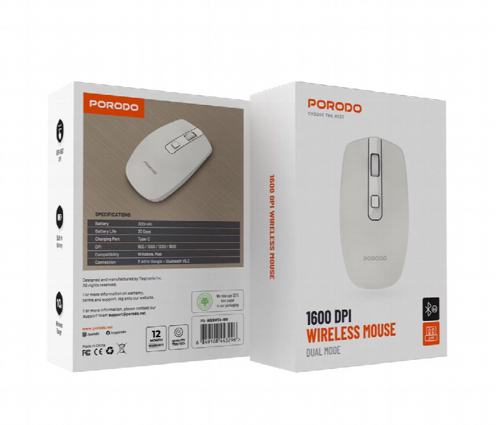 Porodo Dual Mode Wireless Mouse 1600 Dpi White - Zoom Image 5