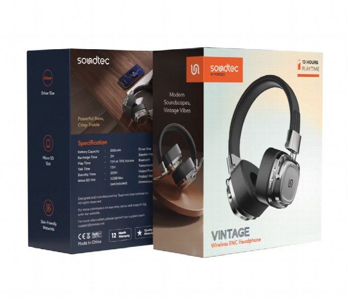 Porodo Soundtec Vintage Wireless Enc Headphone  Black Or Silver - Zoom Image 4