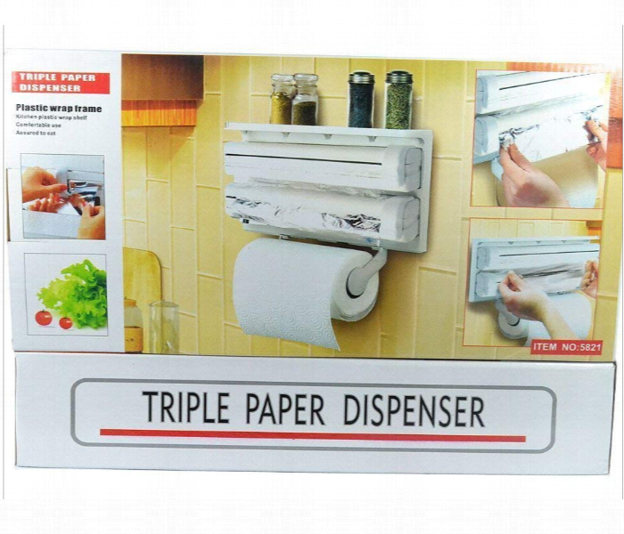 Triple Paper Dispenser Wall Mount Kitchen Wrap Organizer With Cutter For Foil Cling Film And Paper Towel Holder - Zoom Image 2
