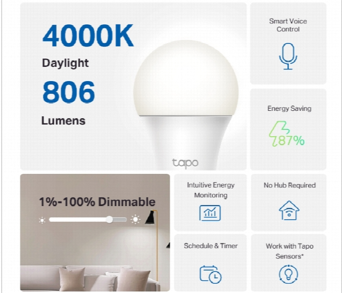 Tapo L520E Smart Wifi Light Bulb Daylight Dimmable With Schedule And Voice Control - Zoom Image 2