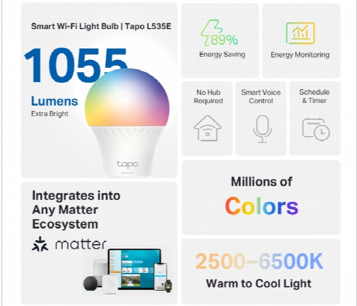Tapo L535E Smart Wifi Multicolor Light Bulb 1055 Lumens With Matter And Voice Control - Zoom Image 2