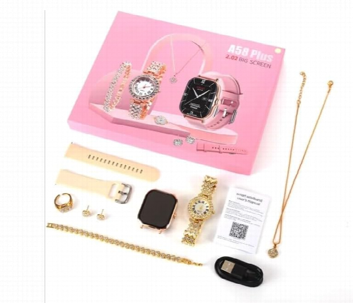 Womens 8 In 1 Smart Watch And Jewelry Set A58 Plus Bluetooth Watch Gift Combo Perfect For Her With Gift Box - Zoom Image 2
