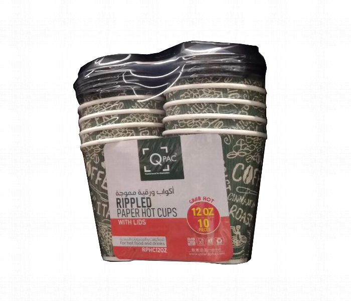 Q Pac Paper Cup Ripple 12 Oz With Lids 1X10 Pieces  Pc12Rl10 - Zoom Image