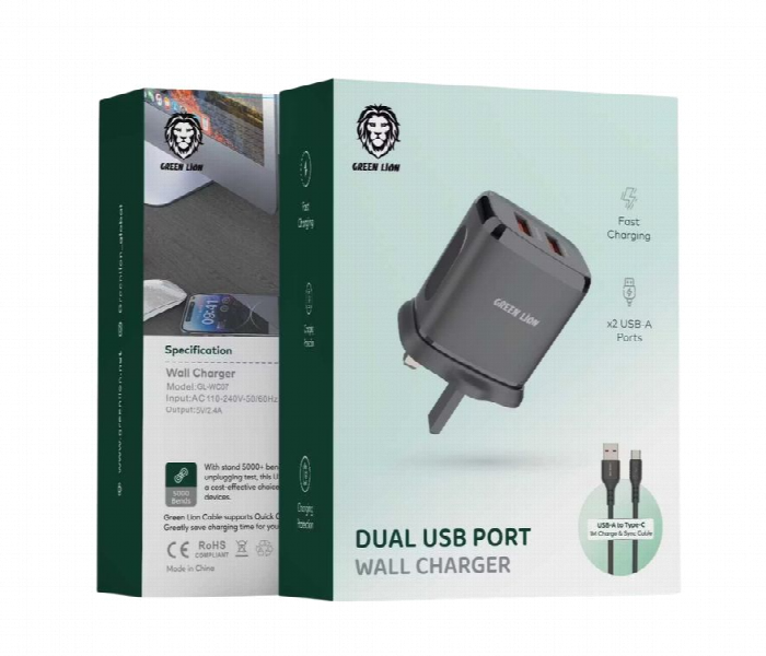 Green Lion Dual Usb Port Wall Charger 18W With Usb Type C Cable - Zoom Image 2