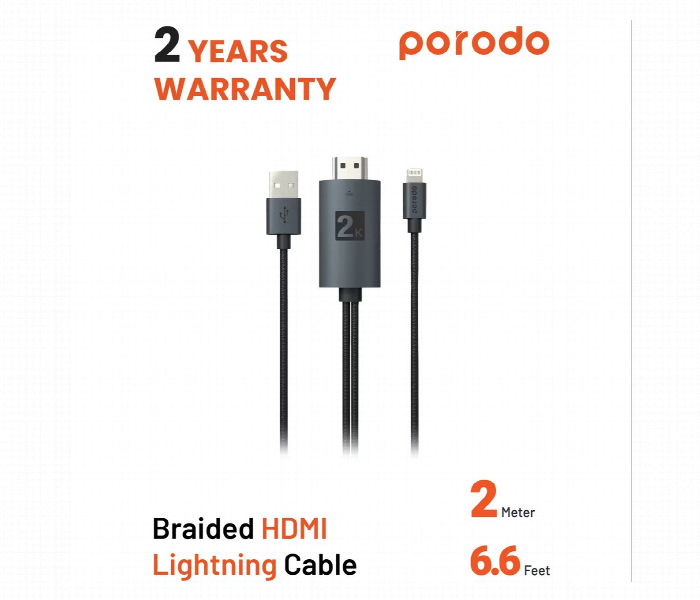 Porodo Braided 2K Hdmi Lightning Cable 2M - Zoom Image 3