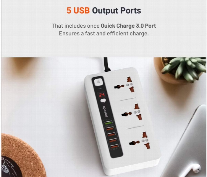 Porodo 4 Usb Port 3.4A Plus 1 Qc 3.0 With 3 Universal Power Sockets 10A White - Zoom Image 4