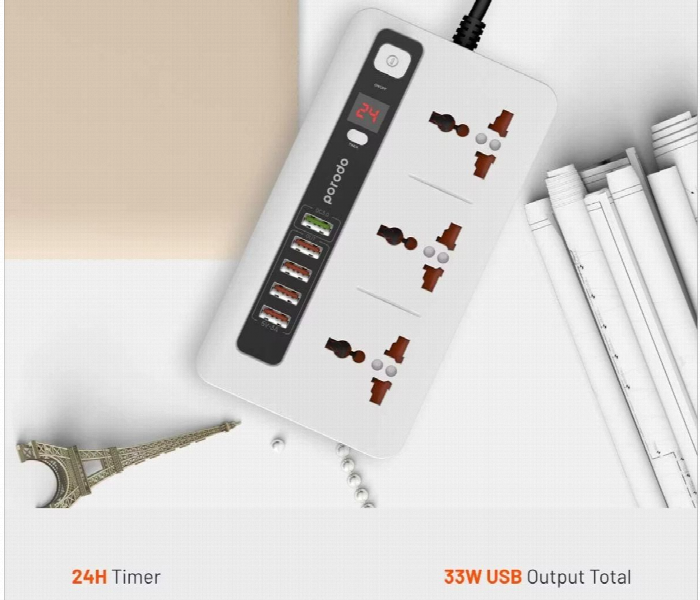 Porodo 4 Usb Port 3.4A Plus 1 Qc 3.0 With 3 Universal Power Sockets 10A White - Zoom Image 3