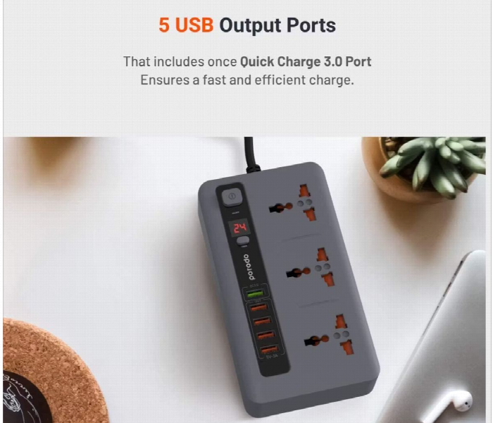 Porodo 4 Usb Port 3.4A Plus 1 Qc 3.0 With 3 Universal Power Sockets 10A Gray - Zoom Image 4