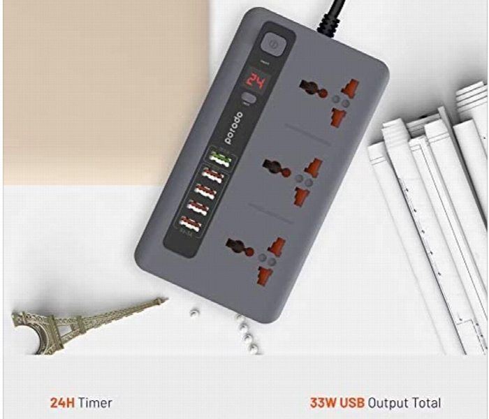 Porodo 4 Usb Port 3.4A Plus 1 Qc 3.0 With 3 Universal Power Sockets 10A Gray - Zoom Image 5