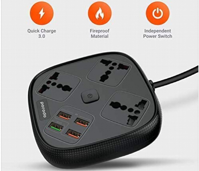 Porodo 3 Usb Port 3A Plus 1 Qc 3.0 With 3 Universal Power Sockets 10A Black - Zoom Image 3