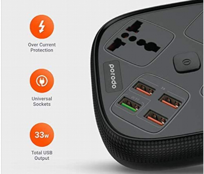 Porodo 3 Usb Port 3A Plus 1 Qc 3.0 With 3 Universal Power Sockets 10A Black - Zoom Image 5