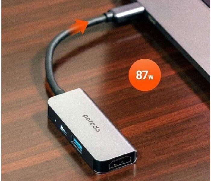 Porodo 3 In 1 Aluminum Usb C Hub Grey - Zoom Image 4