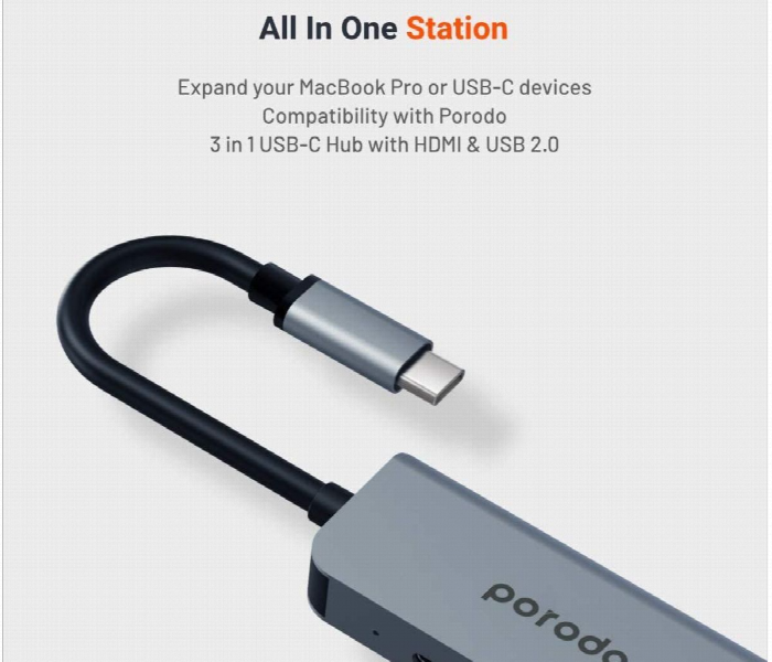 Porodo 3 In 1 Aluminum Usb C Hub Grey - Zoom Image 2