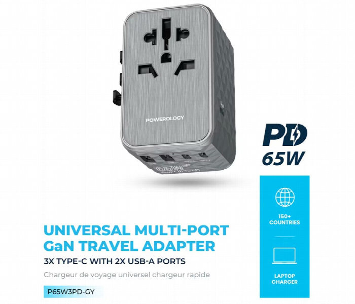 Powerology 65W Pd Universal Multi Port Travel Adapter Gray - Zoom Image 2