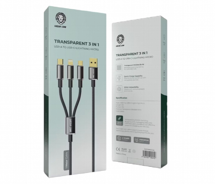 Green Lion Transparent 3 In 1 Braided Cable Usb C Or Lightning Or Micro  1M Black - Zoom Image 2