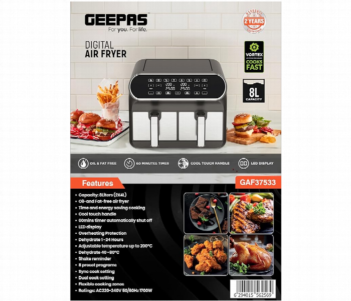 Geepas Gaf37533 8L Digital Convection Air Fryer With Dual Baskets And Led Touchscreen - Zoom Image 6