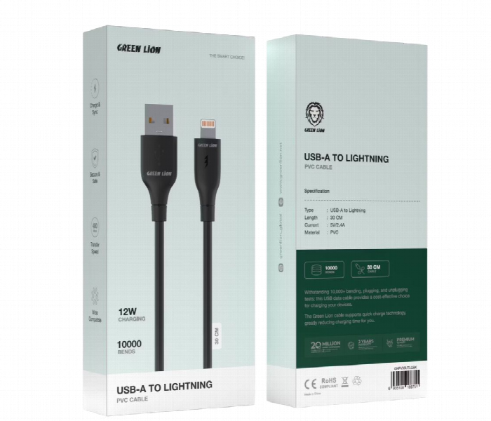 Green Lion Usb A To Lightning Pvc Cable 30 Cm  Black - Zoom Image 2