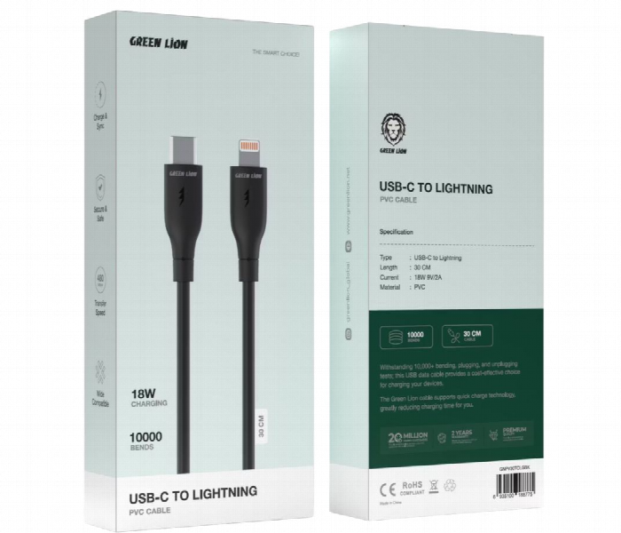 Green Lion Usb C To Lightning Pvc Cable 30 Cm Black - Zoom Image 2