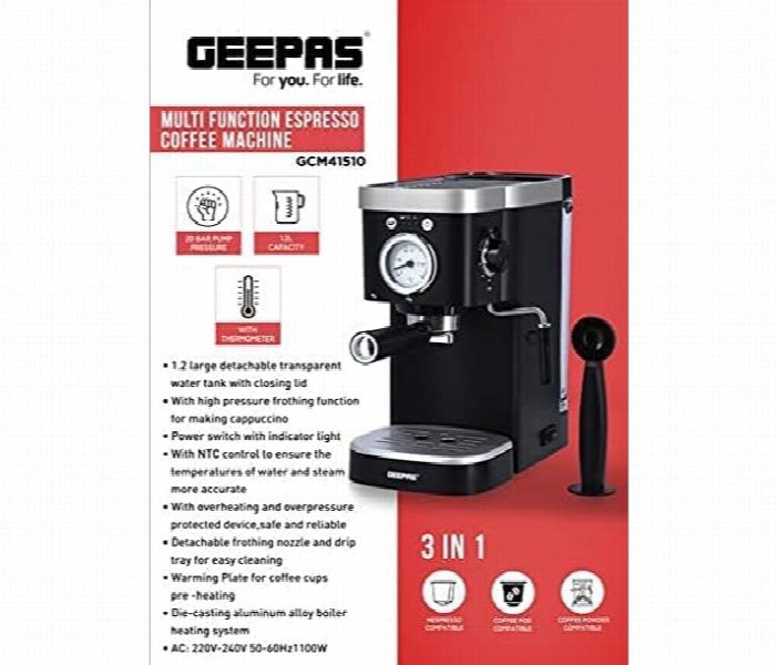 Geepas Gcm41510 1.2L 3 In 1 Coffee Machine 1100W For Instant Coffee Espresso And More With Boil Dry Protection - Zoom Image 7