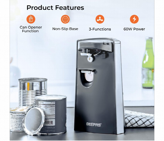 Geepas Gco63023Uk 60W 3 In 1 Can And Bottle Opener And Knife Sharpener With Cord Storage Design - Zoom Image 2